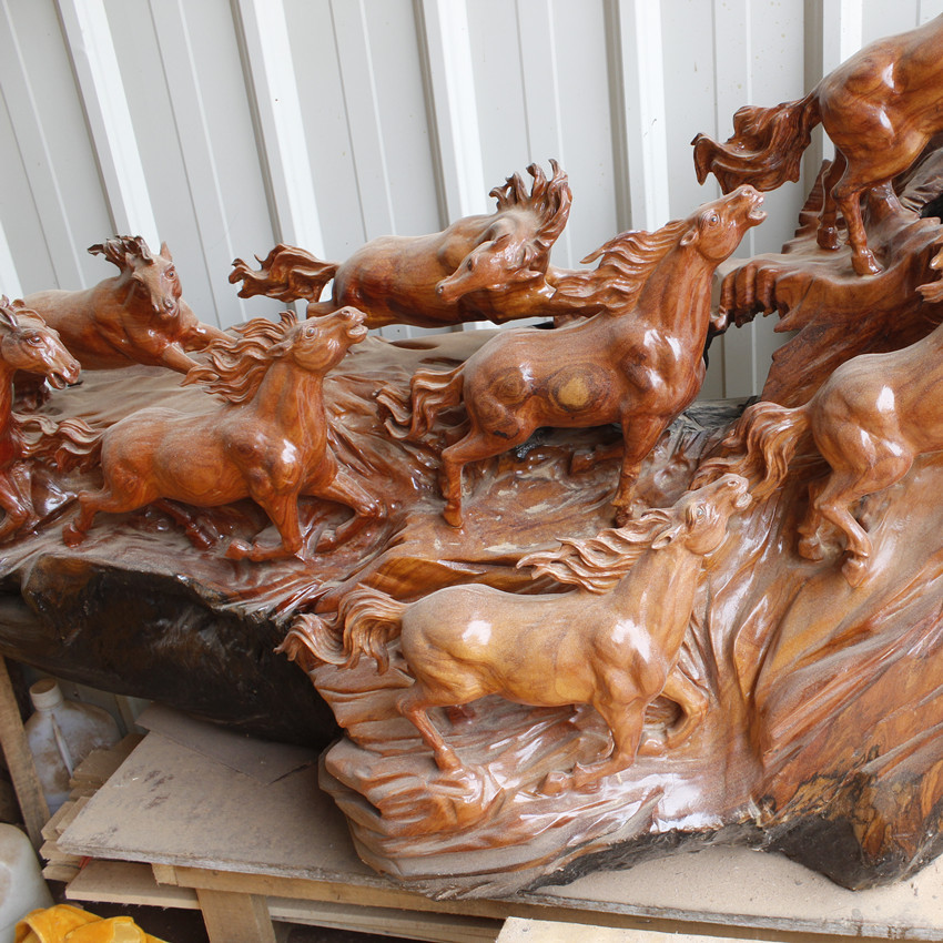 草花梨萬馬奔騰工藝品木雕家居擺件 馬到成功公司擺設(shè) 八俊圖禮品